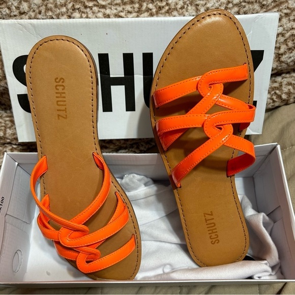 Schutz Lyra Slide Neon Orange Leather Sandal NEW NWT​ - Picture 3 of 5